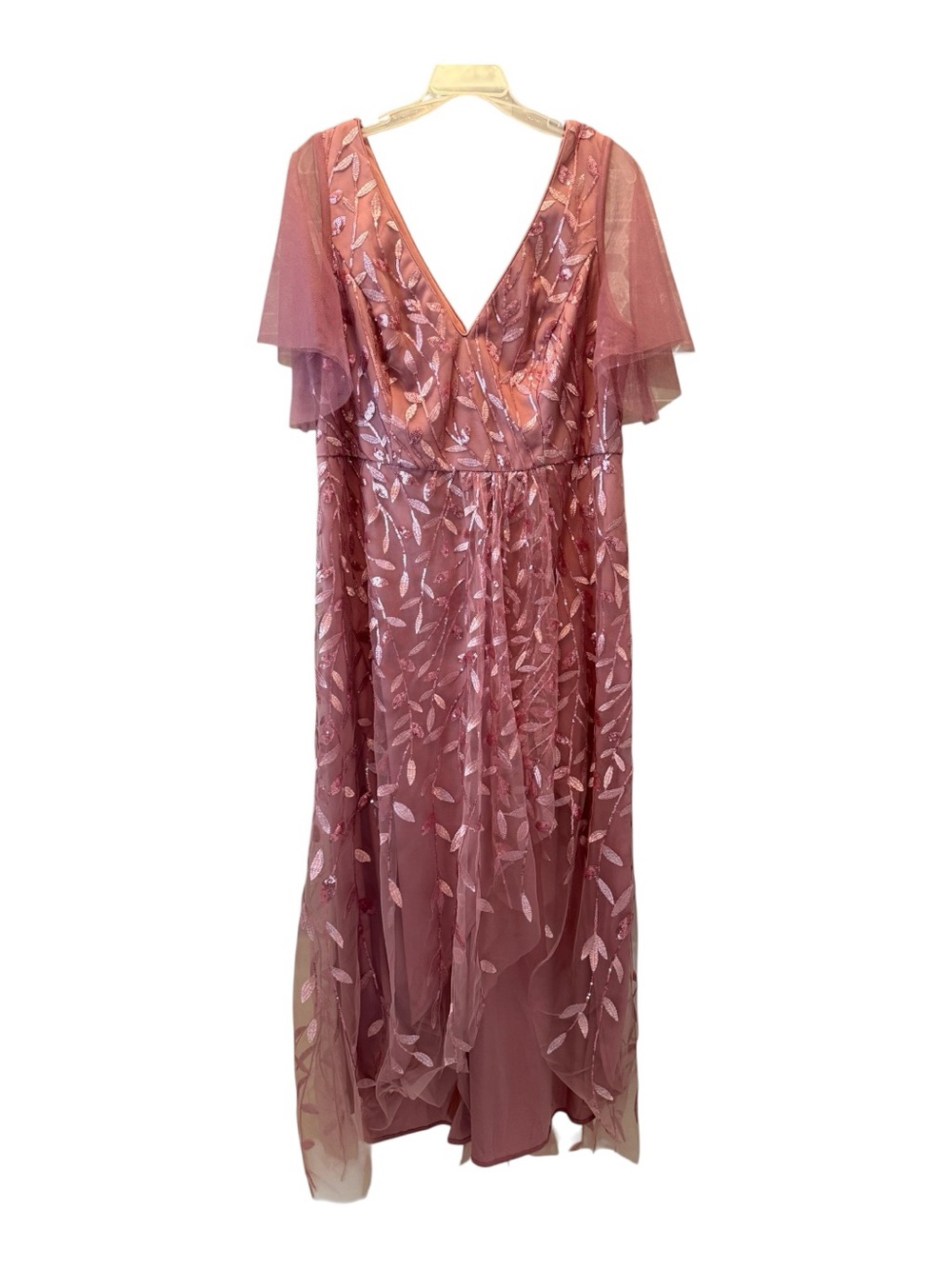 Whimsical Fairycore Pink Sequin Leaf Long Dress Flutter Sleeve Coquette SZ 16